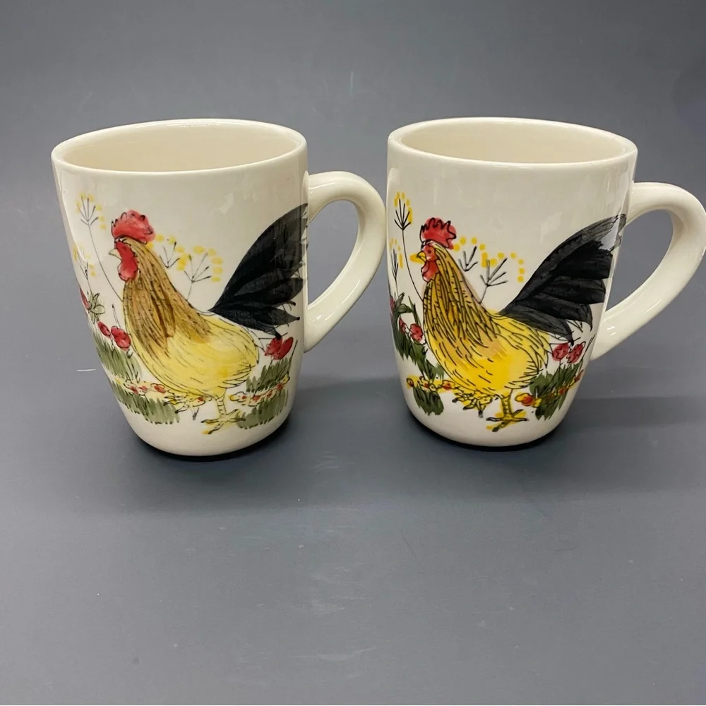 Paula Dean Set of 2 Southern Rooster Coffee Tea Cups Mugs Hand Painted Farmhouse